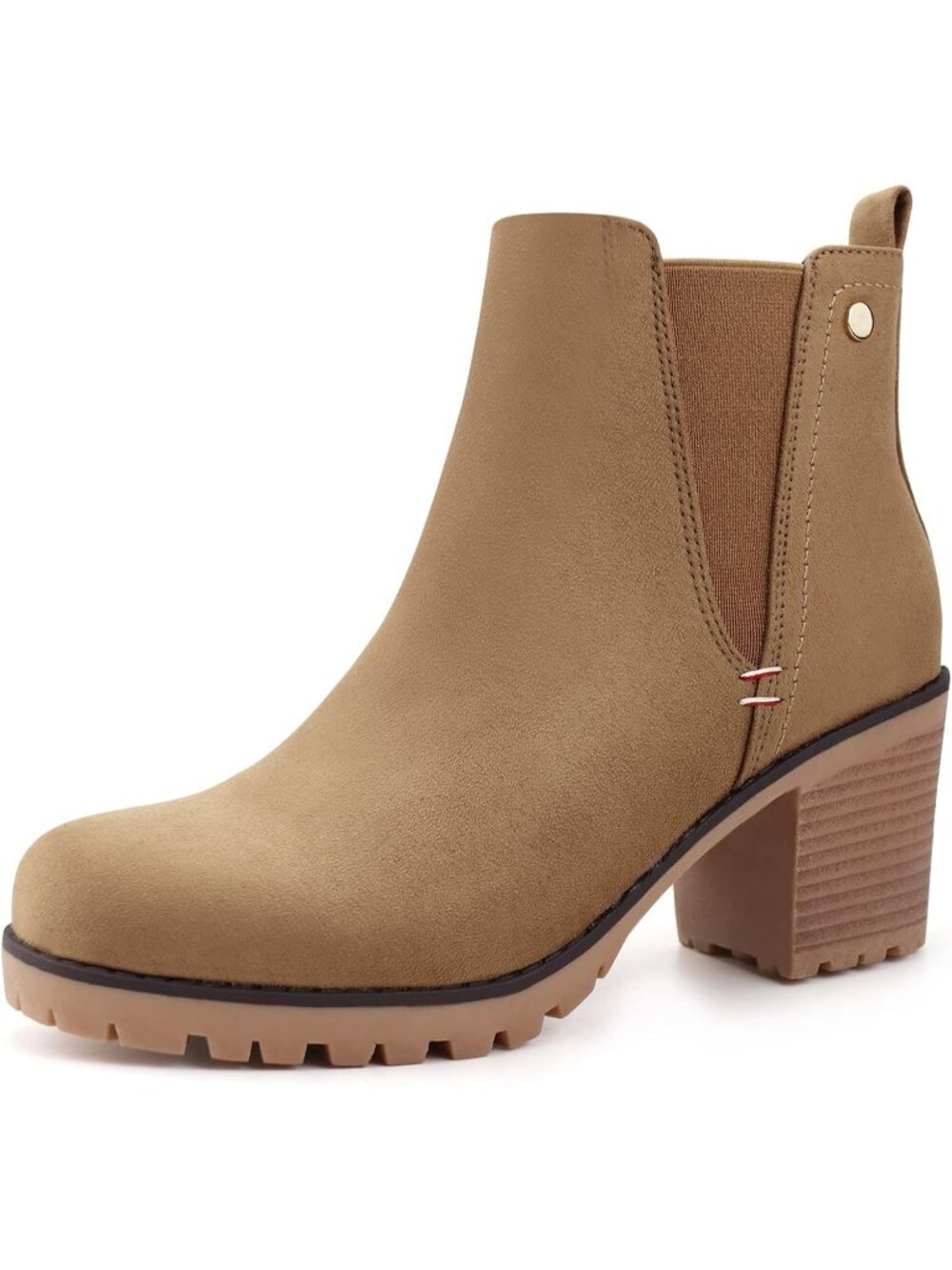 Women's Brown Suede Ankle Booties Slip On Chelsea Chunky Block Heel Short Boots